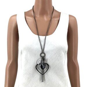 Guess Heart Necklace Hematite Plate Rhinestone Accent Chain Tassel